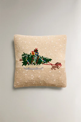 CHRISTMAS TREE DOG WOOL THROW PILLOW COVER