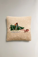 CHRISTMAS TREE DOG WOOL THROW PILLOW COVER