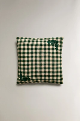 EMBROIDERED GINGHAM CHRISTMAS THROW PILLOW COVER