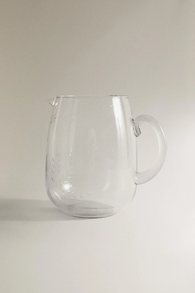 ENGRAVED FLORAL GLASS PITCHER