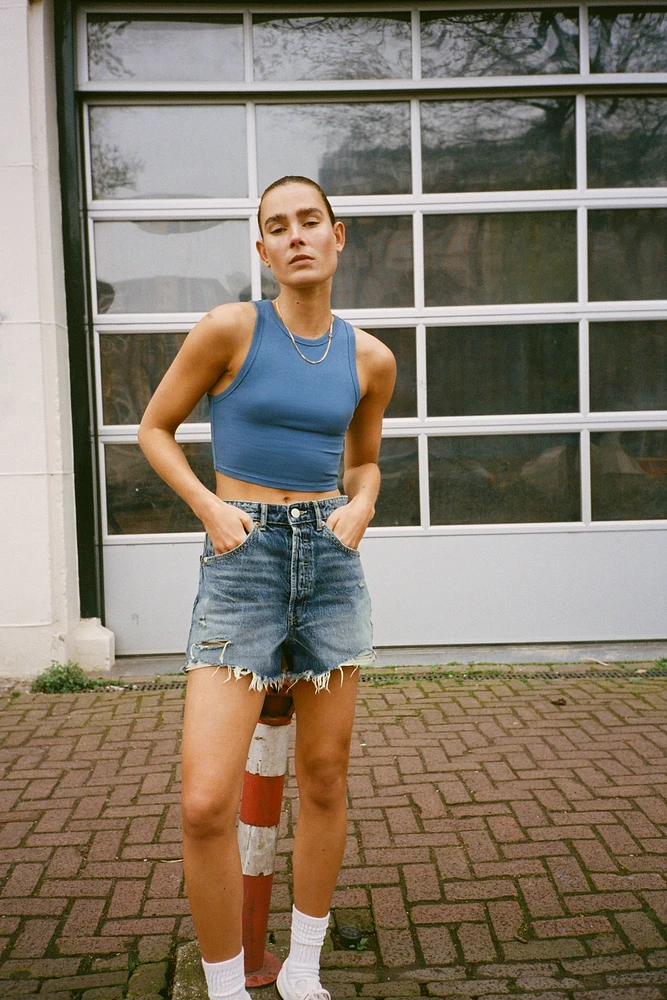 HIGH WAIST RIPPED TRF DENIM SHORTS