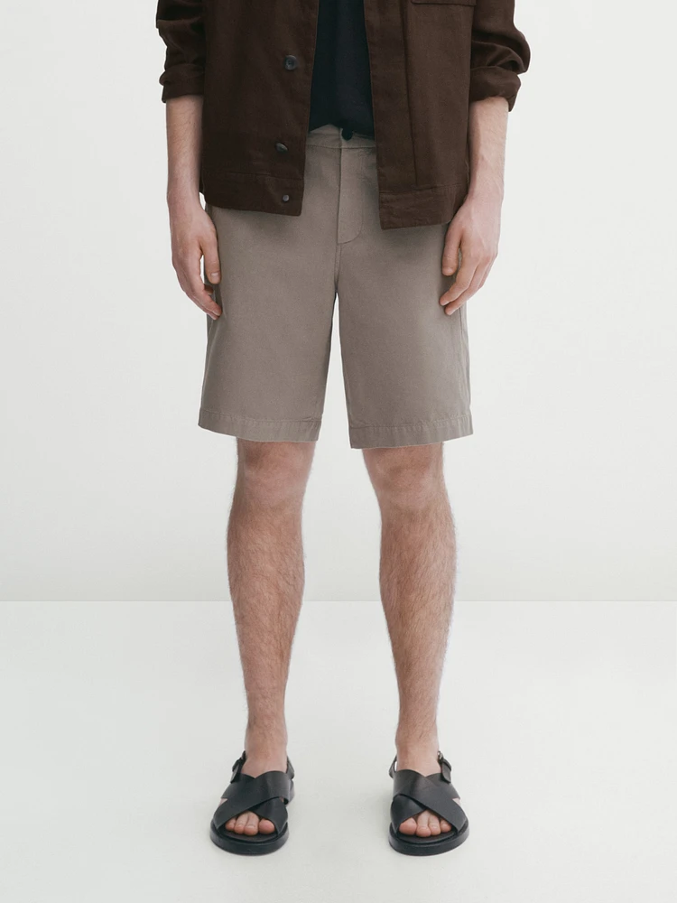 Cotton and linen blend drawstring Bermuda shorts