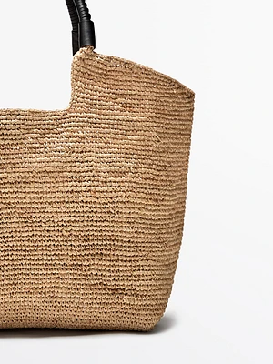 Raffia shopper bag with leather handles