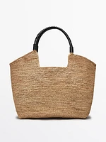 Raffia shopper bag with leather handles