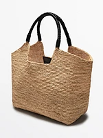 Raffia shopper bag with leather handles