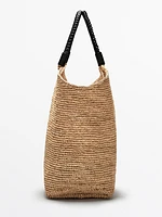 Raffia shopper bag with leather handles