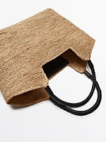 Raffia shopper bag with leather handles