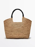 Raffia shopper bag with leather handles