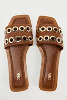 METAL APPLIQUÉS FLAT LEATHER SANDALS