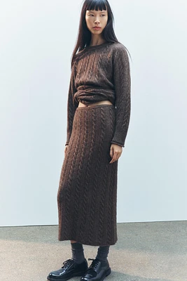 LONG CABLE KNIT WOOL BLEND SWEATER