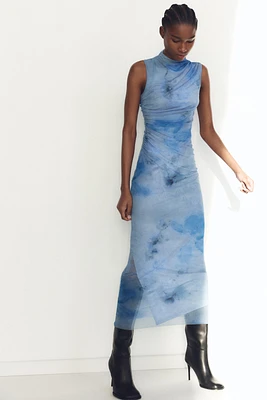 DRAPED PRINTED MIDI DRESS