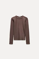 WASHED EFFECT RIBBED LONG SLEEVE T-SHIRT