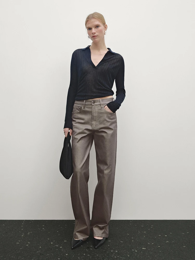 Metallic high-waist straight-leg trousers