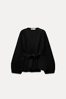 BELTED SHOULDER PAD KNIT BLAZER