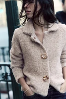 FAUX FUR KNIT CARDIGAN WITH FLOWER BUTTONS