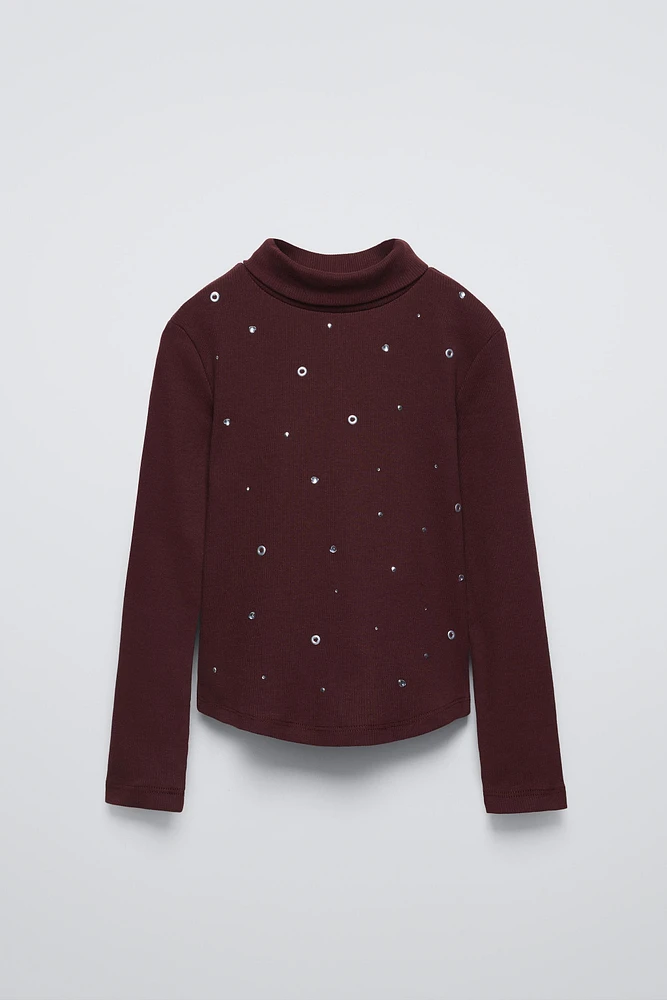 RIB RHINESTONE TURTLENECK TOP