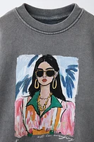 WASHED EFFECT DOLL PRINT SWEATSHIRT