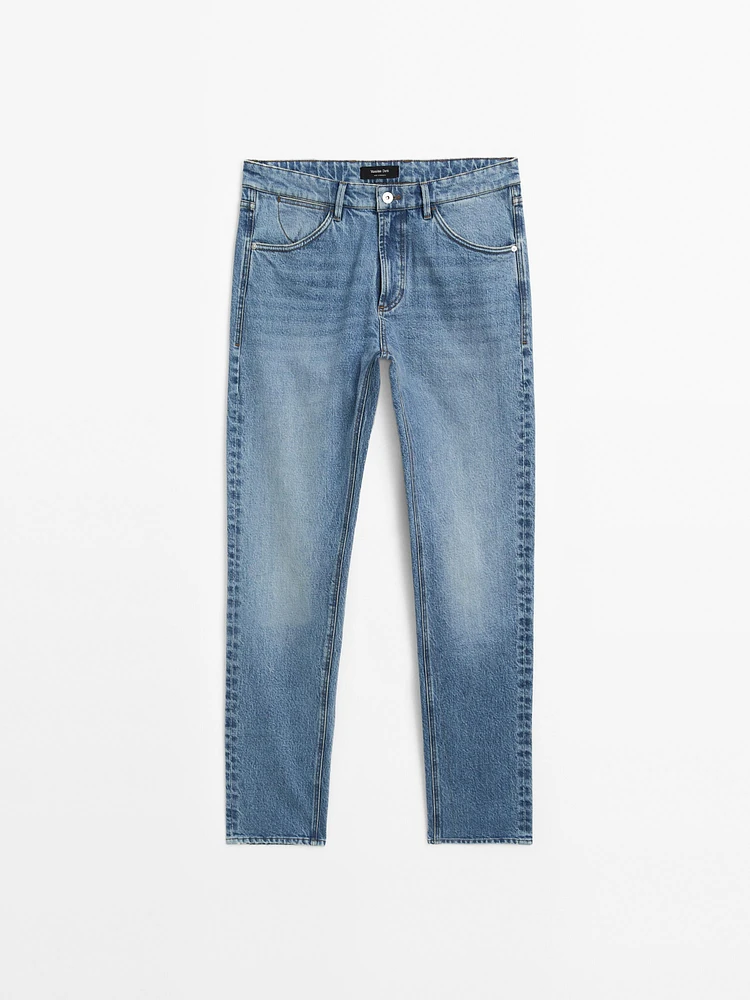 Cotton blend slim-fit mid-rise jeans