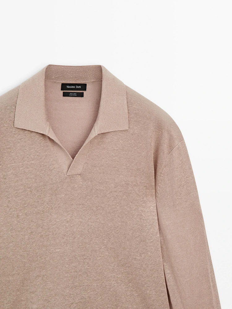 Pull en maille 100 % lin à col polo