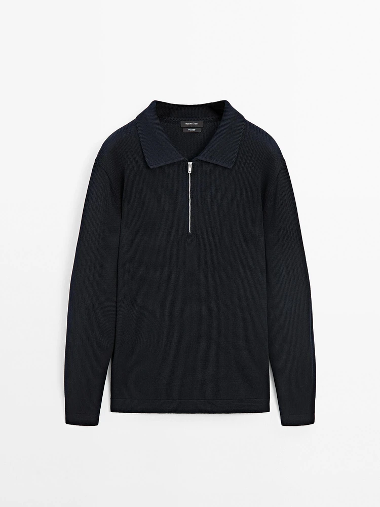 Knit sweater with zip polo collar