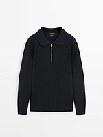 Knit sweater with zip polo collar