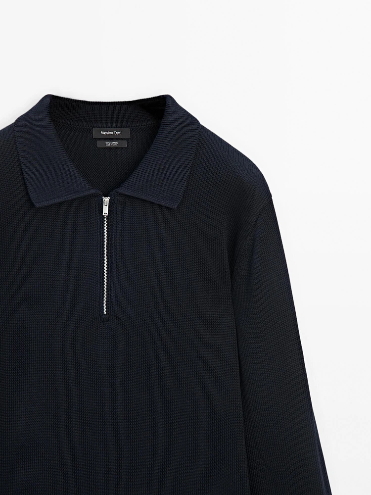 Knit sweater with zip polo collar