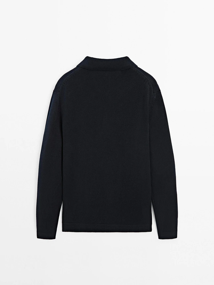 Knit sweater with zip polo collar