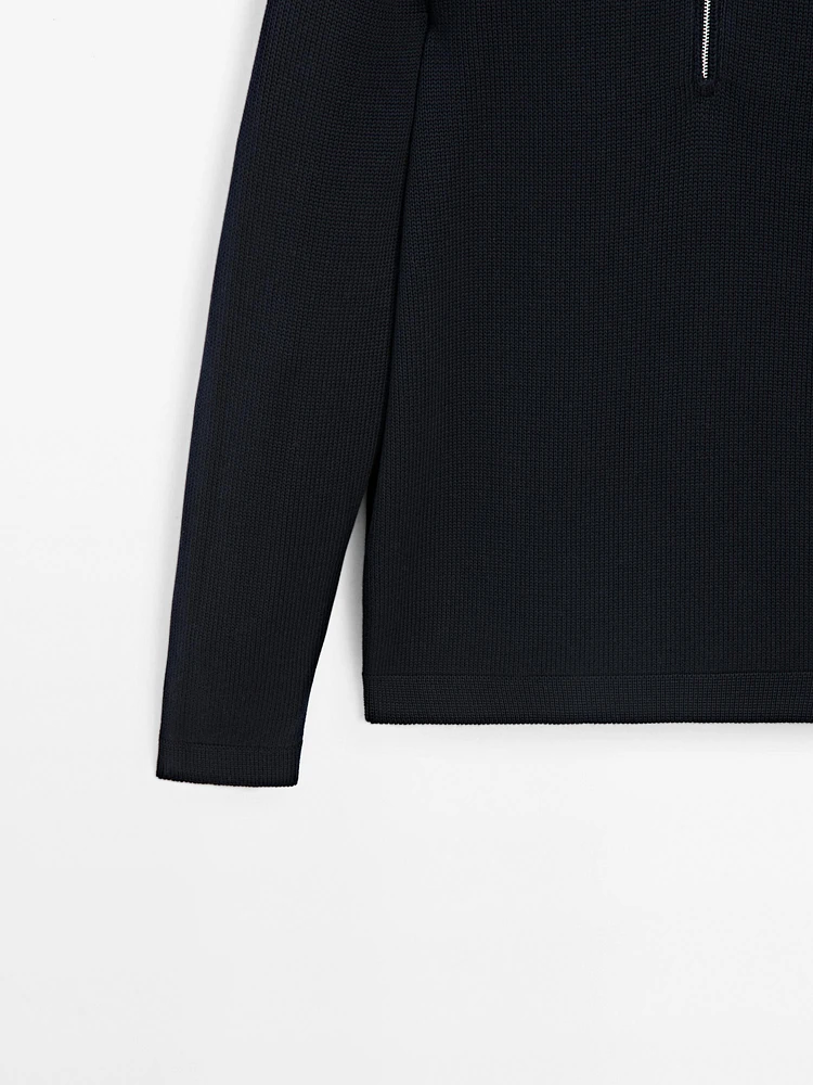 Knit sweater with zip polo collar