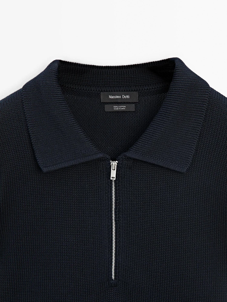 Knit sweater with zip polo collar
