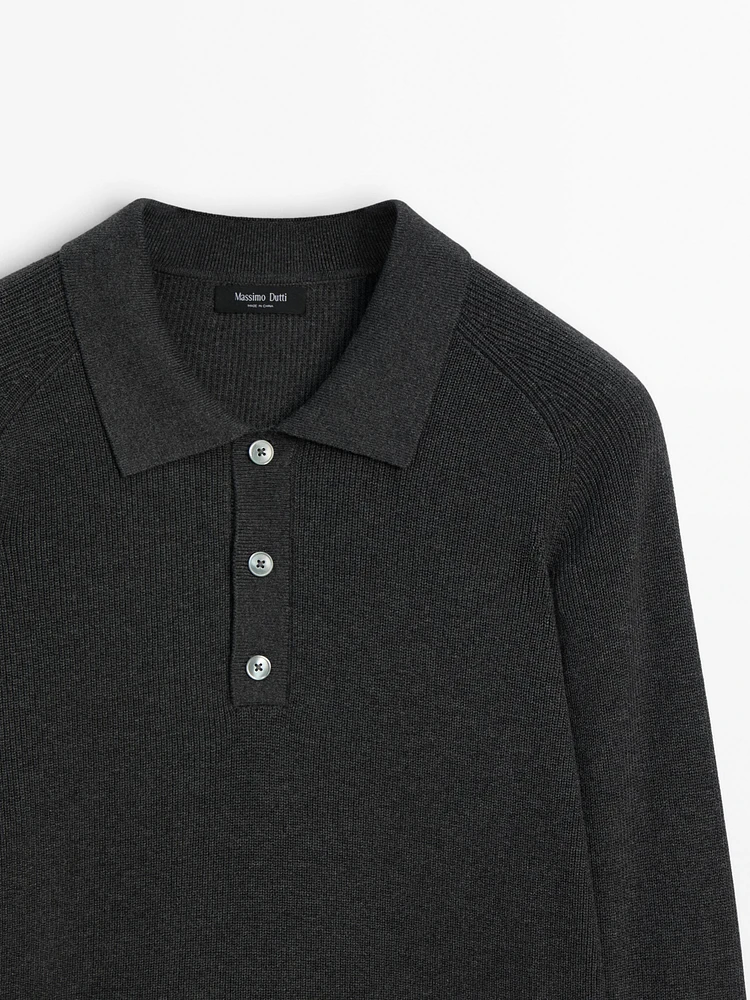 Ribbed knit polo collar sweater