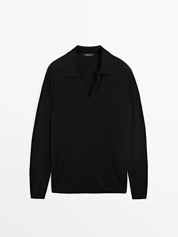 Wool blend knit sweater with polo collar