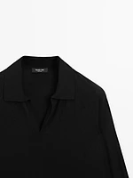 Wool blend knit sweater with polo collar