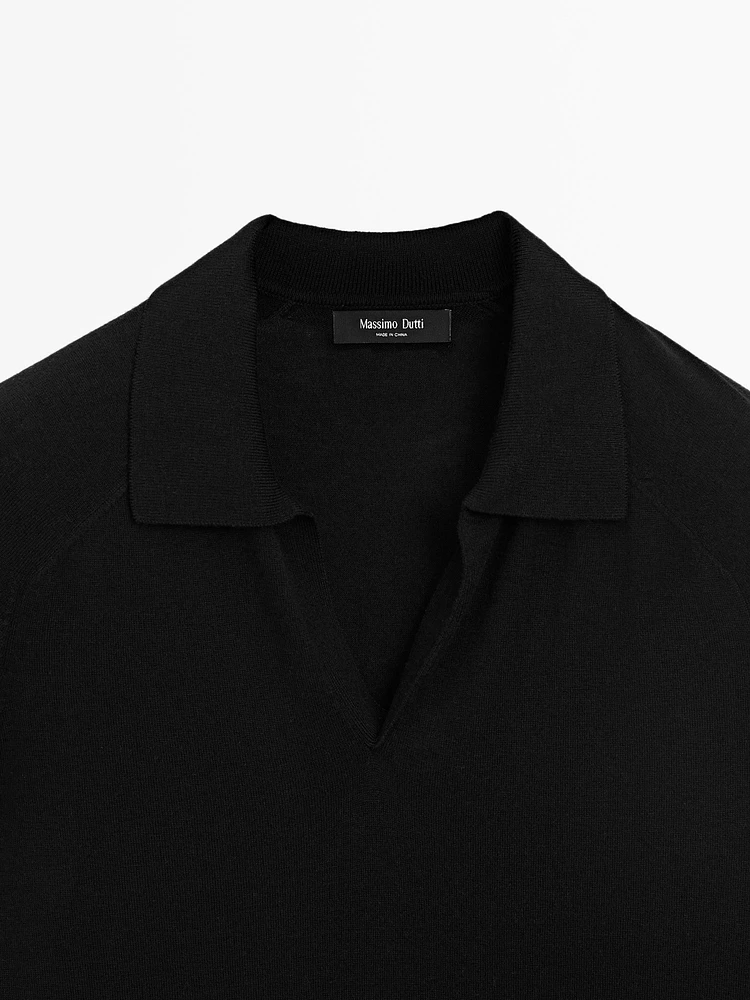 Wool blend knit sweater with polo collar