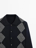 100% wool argyle knit cardigan