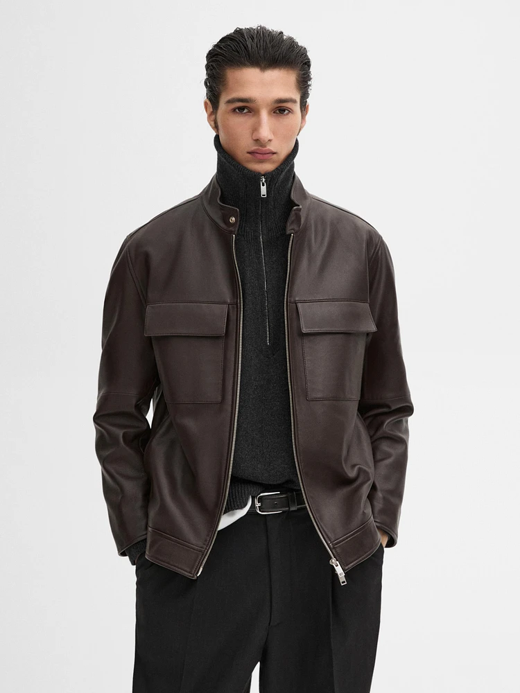 Blouson avec poches en cuir nappa