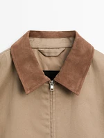 Cotton jacket with leather collar detail