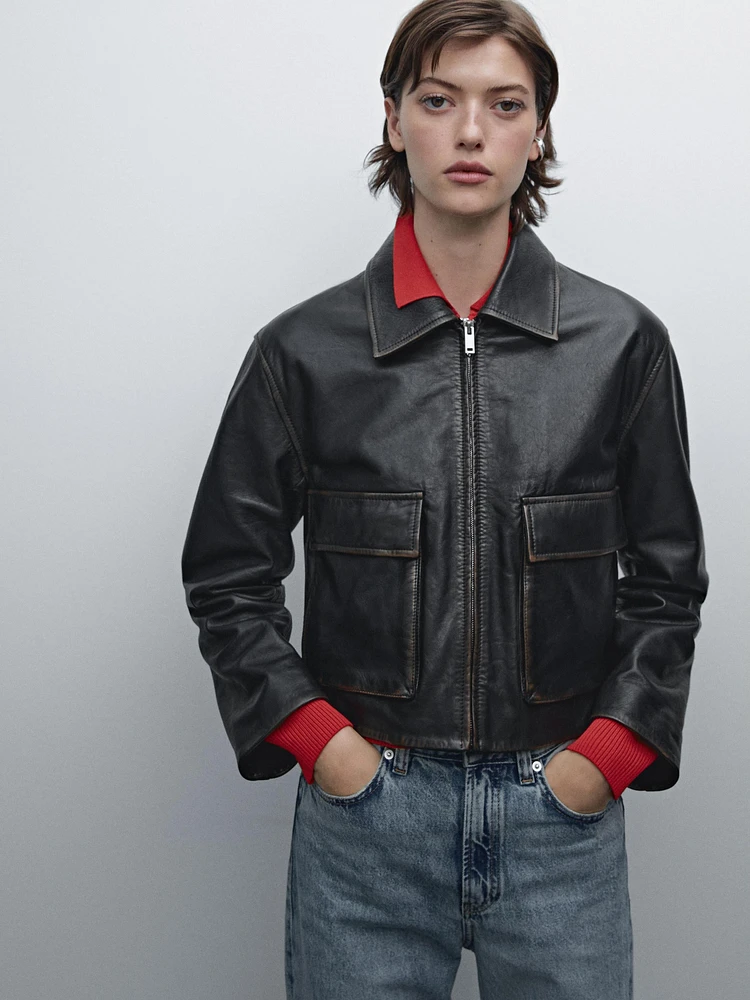 Worn effect nappa leather jacket