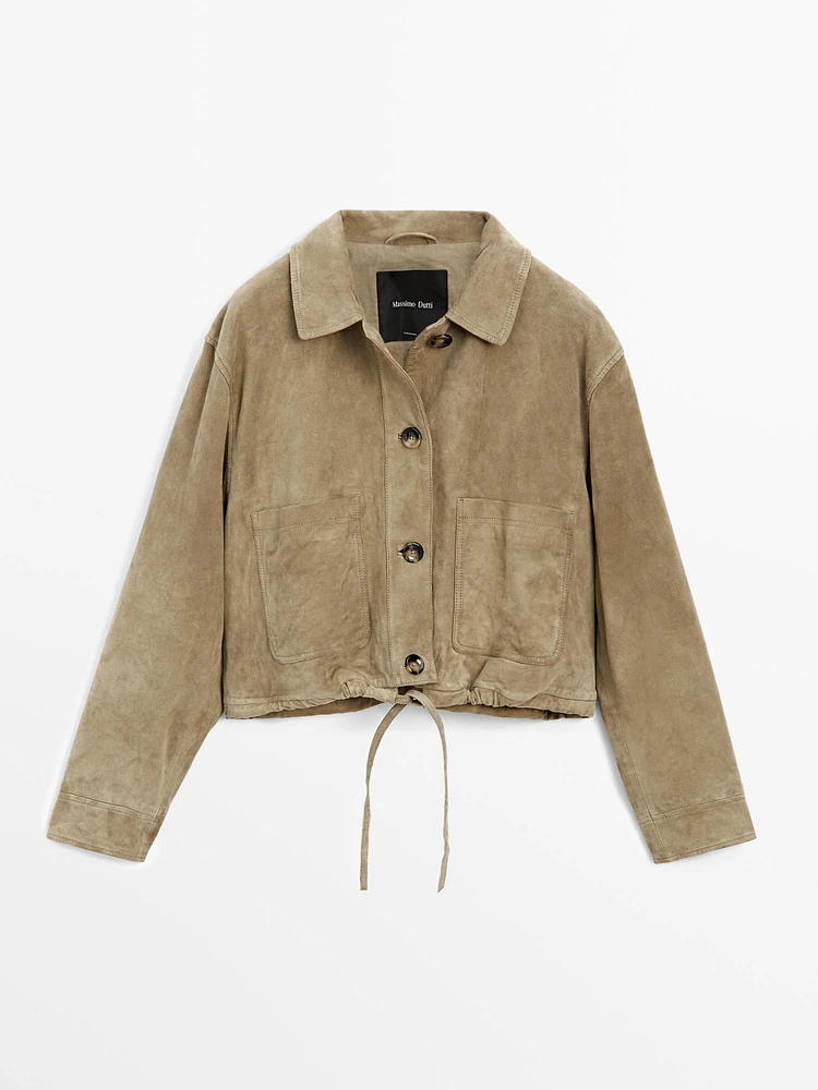 Suede leather overshirt with drawstrings