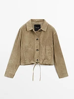 Suede leather overshirt with drawstrings