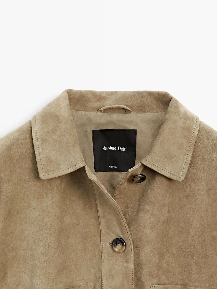 Suede leather overshirt with drawstrings