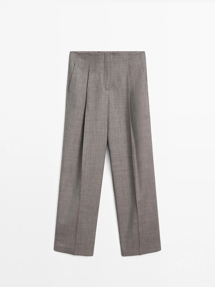 Melange wool blend pleated trousers