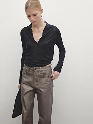 Metallic high-waist straight-leg trousers