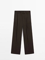 Wide-leg pleated cotton blend trousers