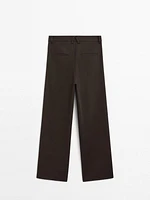 Wide-leg pleated cotton blend trousers