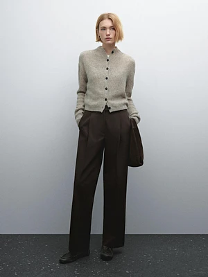 Wide-leg pleated cotton blend trousers