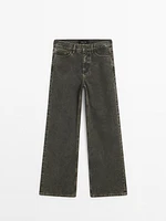 Wide-leg coated denim look cotton trousers