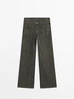 Wide-leg coated denim look cotton trousers