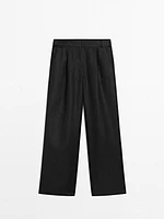 100% linen wide-leg elastic detail trousers