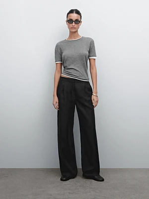 100% linen wide-leg elastic detail trousers