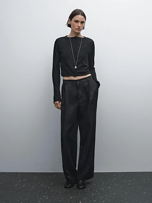 100% linen wide-leg mid-rise trousers